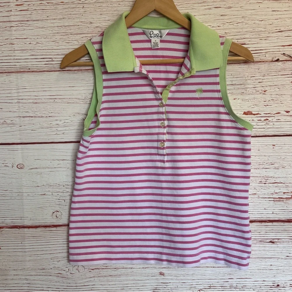 Lilly Pulitzer Vintage White Label Sleevless Striped Polo Shirt Sz M - Picture 2 of 8
